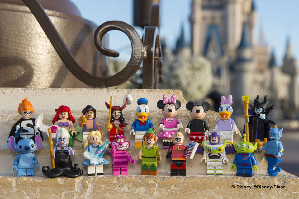 Minifigs on display in front of Sleeping Beauty’s castle.