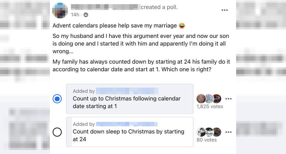 A woman's Facebook post seeking advice on how advent calendars work. Source: Facebook