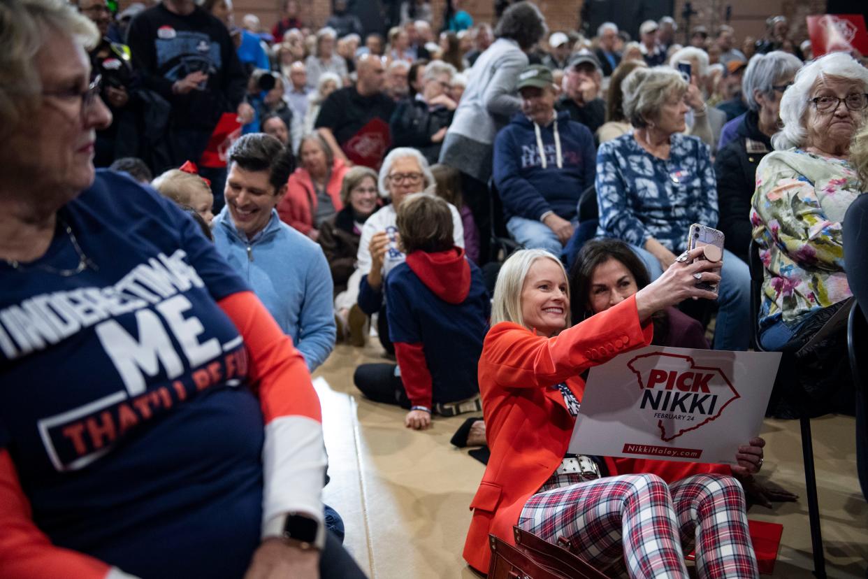 Nikki Haley supporters wait for Haley to arrive at a campaign rally at the Cannon Centre in Greer, S.C., on Monday, Feb. 19, 2024.