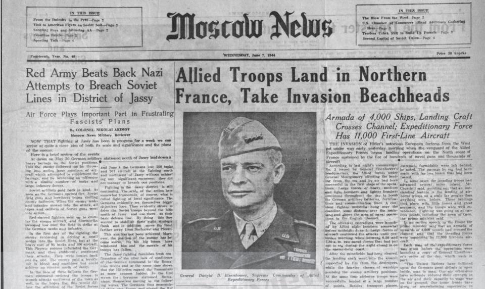 The June 7, 1944, front page of the English-language Moscow News included a headline and a large article announcing the Allied invasion of Normandy. The Moscow News