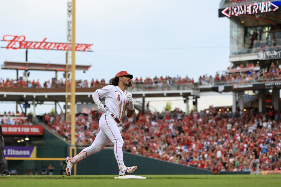 Cincinnati Reds' Jonathan India runs the bases after hitting a two-run home run against the Baltimore Orioles during the fourth inning of a baseball game in Cincinnati, Saturday, July 30, 2022. (AP Photo/Aaron Doster)