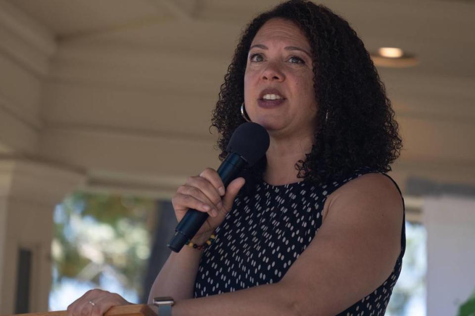 San Luis Obispo Mayor Erica Sterwart speaks at the Juneteenth Jubilee in downtown Paso Robles on June 18, 2022.