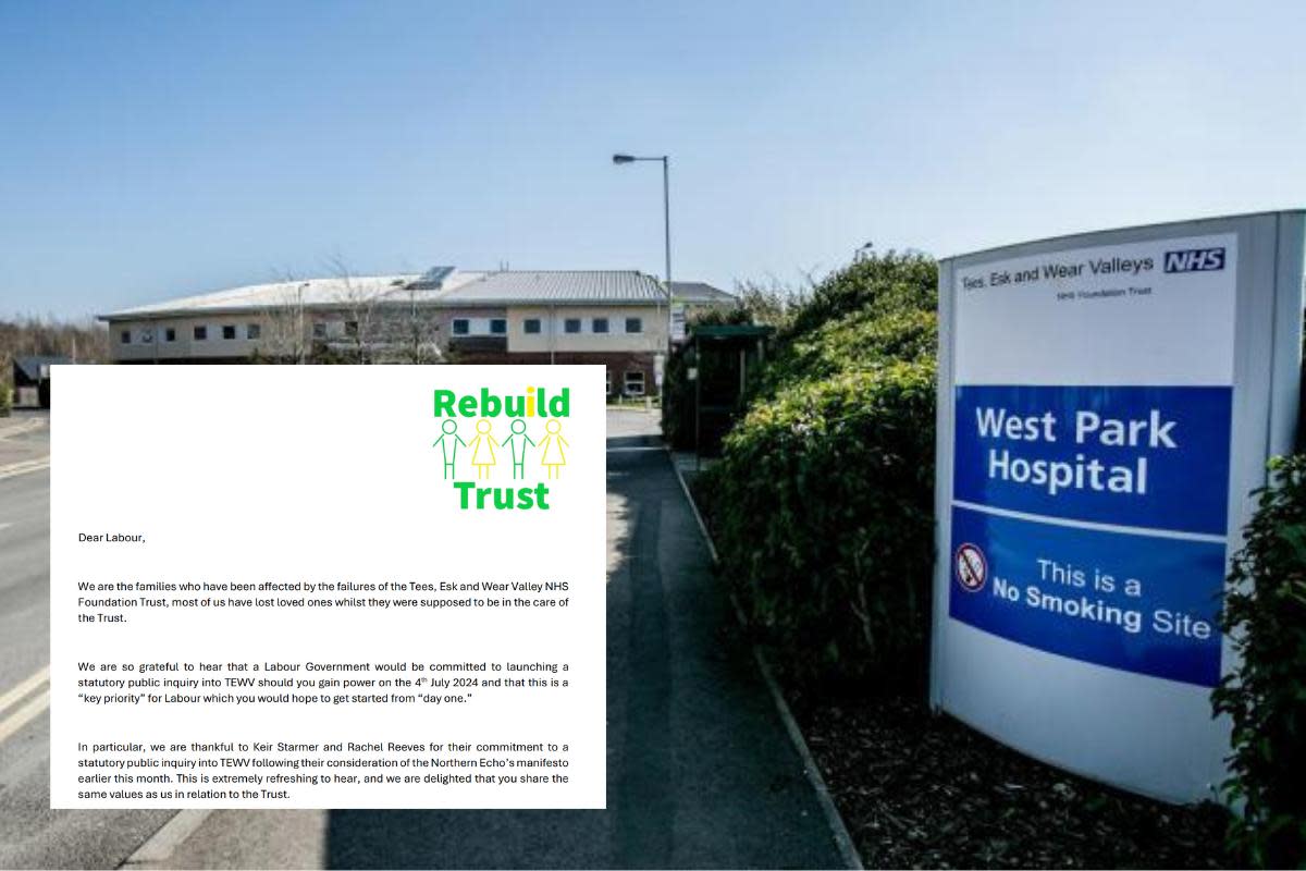 West Park Hospital, run by TEWV. Inset: The open letter. <i>(Image: The Northern Echo)</i>