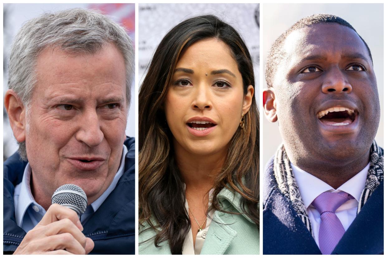 Democrats running in New York's 10th Congressional District primary from left to right: Former New York City Mayor Bill de Blasio (left) New York City Council Member Carlina Rivera, D-Manhattan (center)and Rep. Mondaire Jones, D-N.Y. (right)