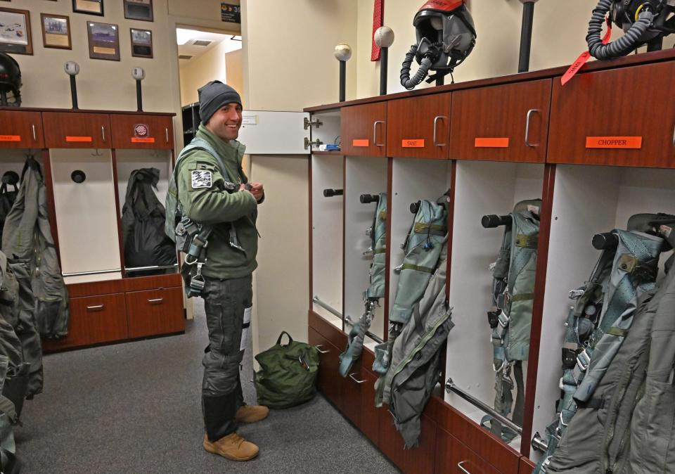 Capt. Andrew Marshall suits up for another sortie on his way to becoming a rated instructor pilot in the Eagle, at Kingsley Field in Klamath Falls, Oregon, on January 18, 2024. <em>U.S. Air National Guard photo by Master Sgt. Jefferson Thompson</em>