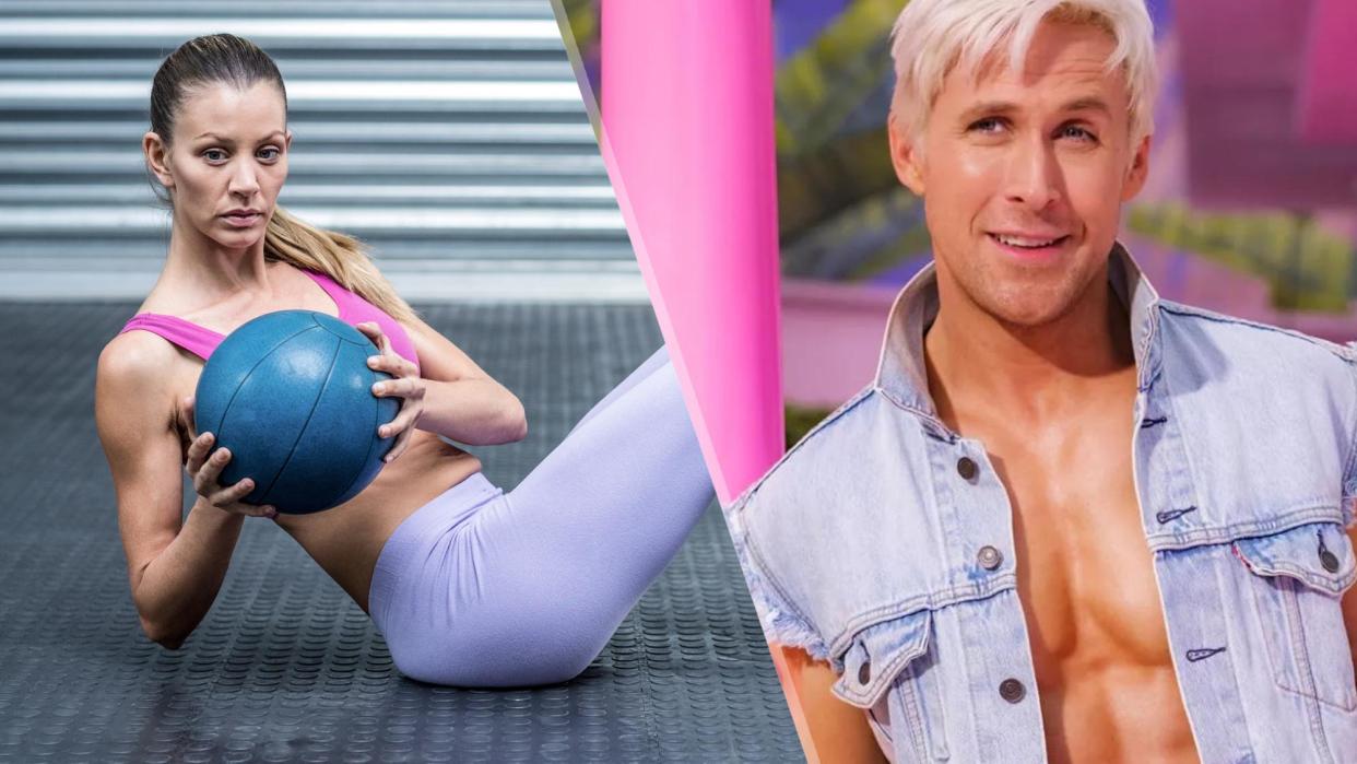  a photo of a woman doing russian twists and Ryan Gosling as Ken in the Barbie film 