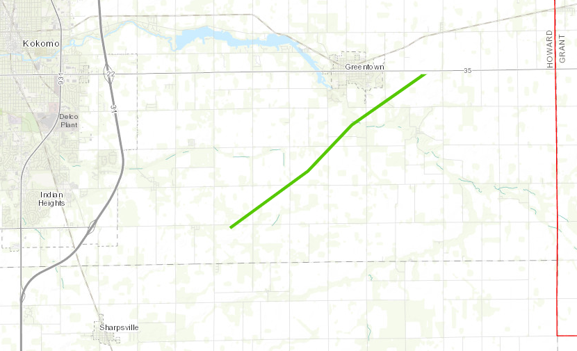 The path of a confirmed tornado during March 31, 2023 storms near Greentown.
