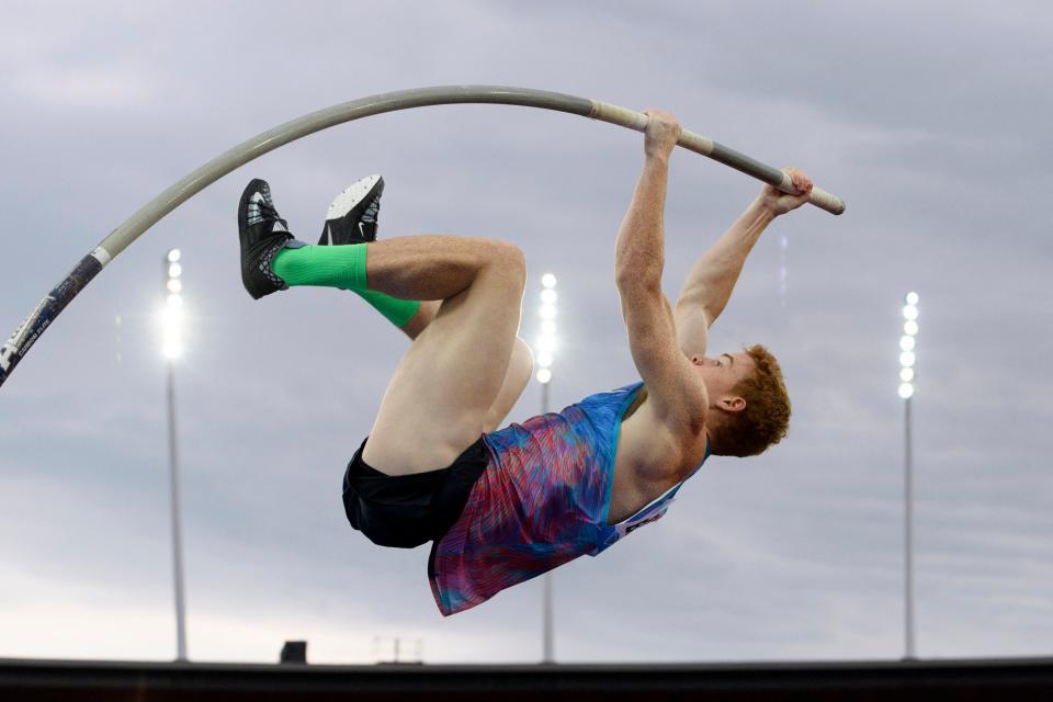 Shawn Barber of Canada competes in the men's pole vault during the Weltklasse IAAF Diamond League international athletics meeting in the Letzigrund stadium in Zurich, Switzerland, on Aug. 24, 2017.
