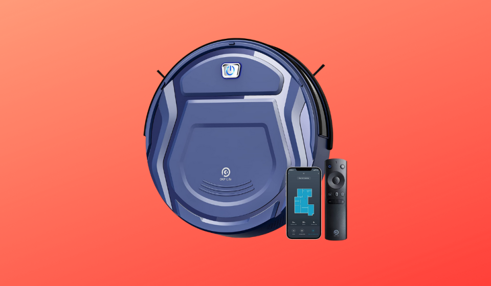 Robot vacuum shown from above with an iPhone and remote control shown next to it. 