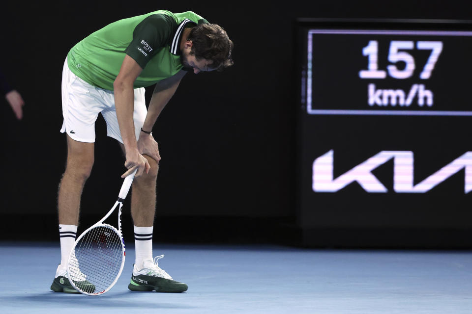 Daniil Medvedev of Russia reacts during his match against Jannik Sinner of Italy in the men's singles final at the Australian Open tennis championships at Melbourne Park, in Melbourne, Australia, Sunday, Jan. 28, 2024. (AP Photo/Asanka Brendon Ratnayake)