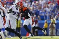 Cincinnati Bengals quarterback Andy Dalton (14) rushes for a touchdown during the second half of an NFL football game against the Buffalo Bills Sunday, Sept. 22, 2019, in Orchard Park, N.Y. (AP Photo/John Munson)