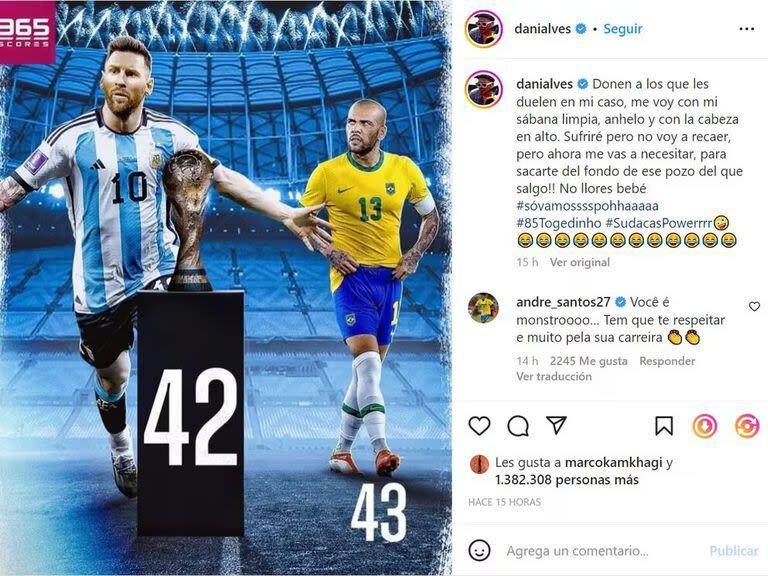El posteo de Dani Alves, en diciembre de 2022, luego de que Messi ganara la Copa del Mundo en Qatar