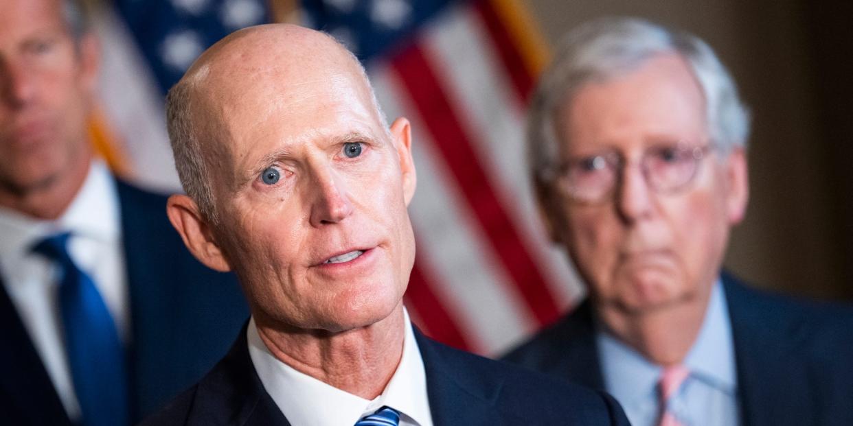 Republican Sen. Rick Scott of Florida and Senate Minority Leader Mitch McConnell at a press conference on September 13, 2022.