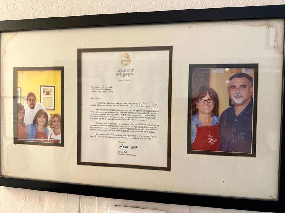 A letter from Miami-Dade County Commissioner Lynda Bell hangs on the wall honoring the Poulos family of Lots of Lox fame at the Palmetto Bay restaurant. Bell did a “Work Day” at the deli in March 2011. Howard Cohen/hcohen@miamiherald.com