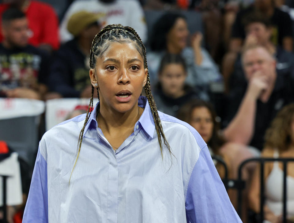 Candace Parker looks on from the bench before Game 2 of the 2023 WNBA Finals against the New York Liberty at Michelob Ultra Arena in Las Vegas, on Oct. 11, 2023. Parker is out indefinitely after having foot surgery earlier this season. (Photo by Ethan Miller/Getty Images)