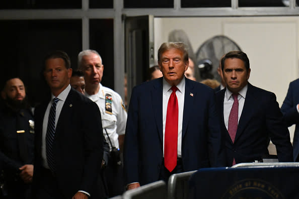 NEW YORK, NEW YORK – APRIL 15: Former U.S. President Donald Trump arrives for the first day of his trial for allegedly covering up hush money payments at Manhattan Criminal Court on April 15, 2024 in New York City. Former President Donald Trump faces 34 felony counts of falsifying business records in the first of his criminal cases to go to trial. (Photo by Angela Weiss – Pool/Getty Images)