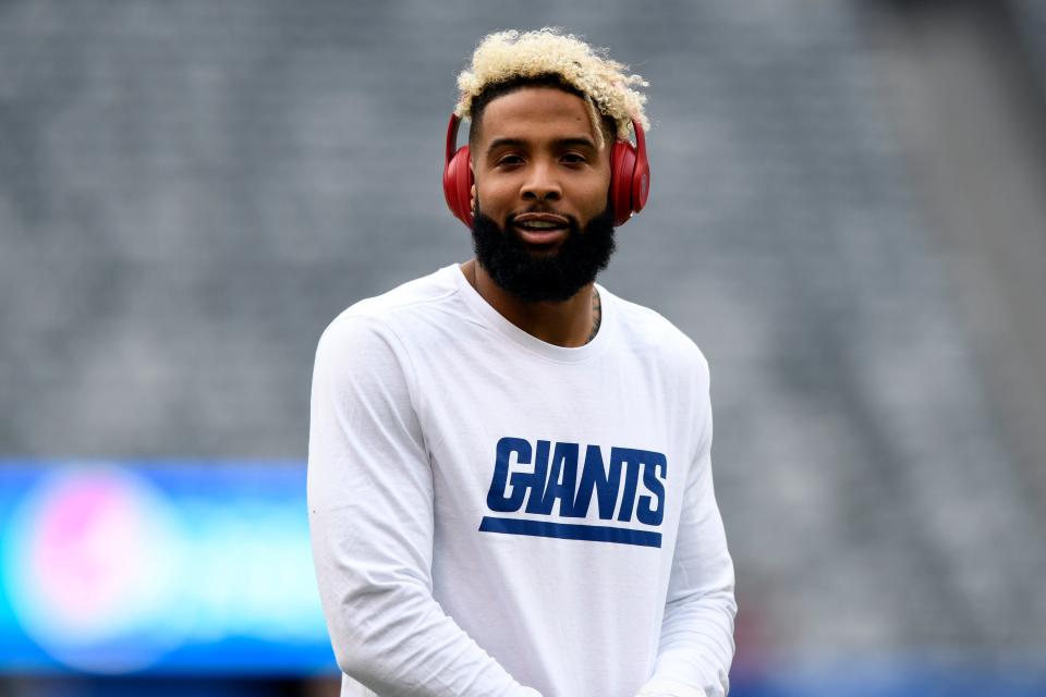 New York Giants wide receiver Odell Beckham Jr. on the field for warmups before facing the Washington Redskins on Sunday, Oct. 28, 2018, in East Rutherford.