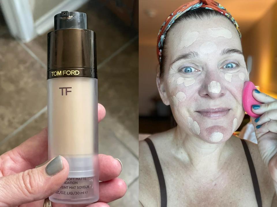 The writer holds the Tom Ford bottle over a tile floor; the writer pats blotches of foundation into her skin with a pink beauty blender