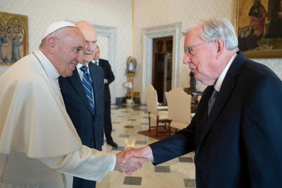 President M. Russell Ballard meets with Pope Francis at the Vatican in Rome.