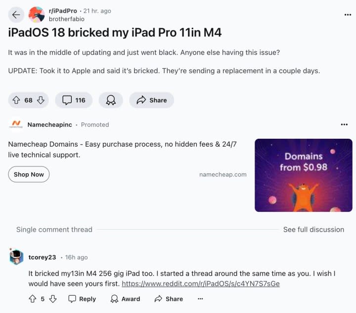 Primeiro relato de usuário de que o iPad Pro M4 travou após a atualização do iPadOS 18.