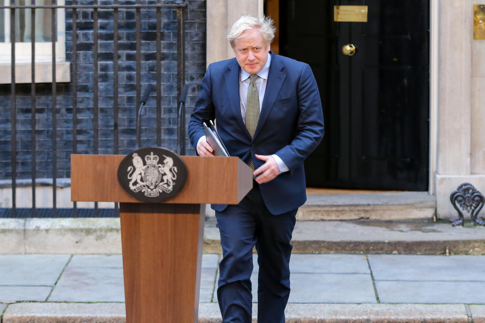 LONDON, UNITED KINGDOM - 2019/12/13: British Prime Minister Boris Johnson speaks in Downing Street, London after his gamble on early election paid off as the Conservative Party won a majority in the 2019 General Election.  The Conservative Party's commanding majority will take United Kingdom out of the European Union by the end of January 2020. (Photo by Steve Taylor/SOPA Images/LightRocket via Getty Images)