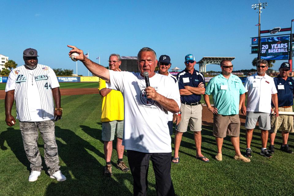 Former MLB star Bernie Carbo, who managed the Pensacola Pelicans in 2003-05, addresses the crowd Saturday on Pensacola Pelicans Reunion Night.