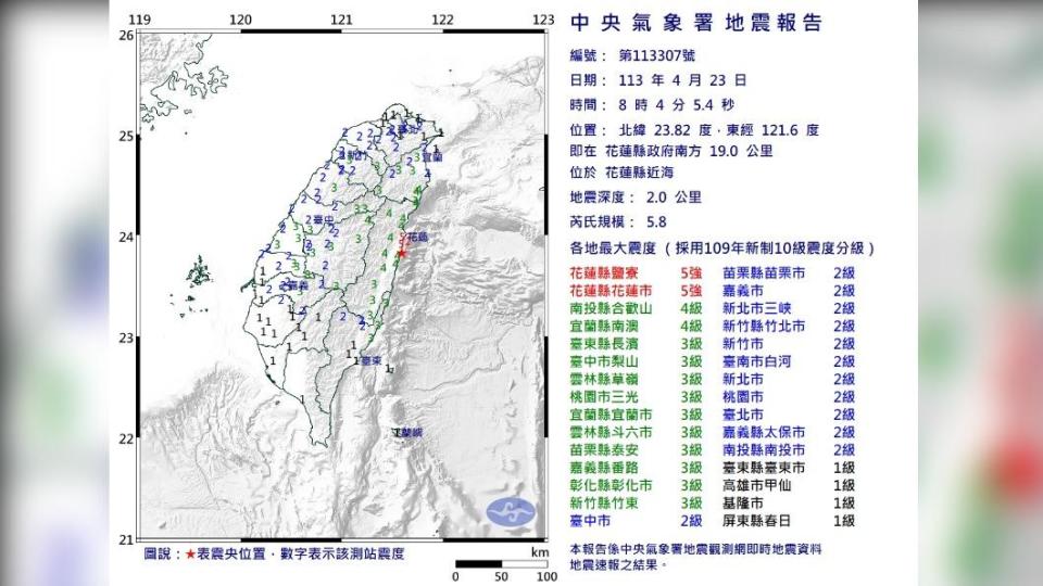 花蓮近海今（23）日上午8時04分發生規模5.8強震。（圖／中央氣象署）