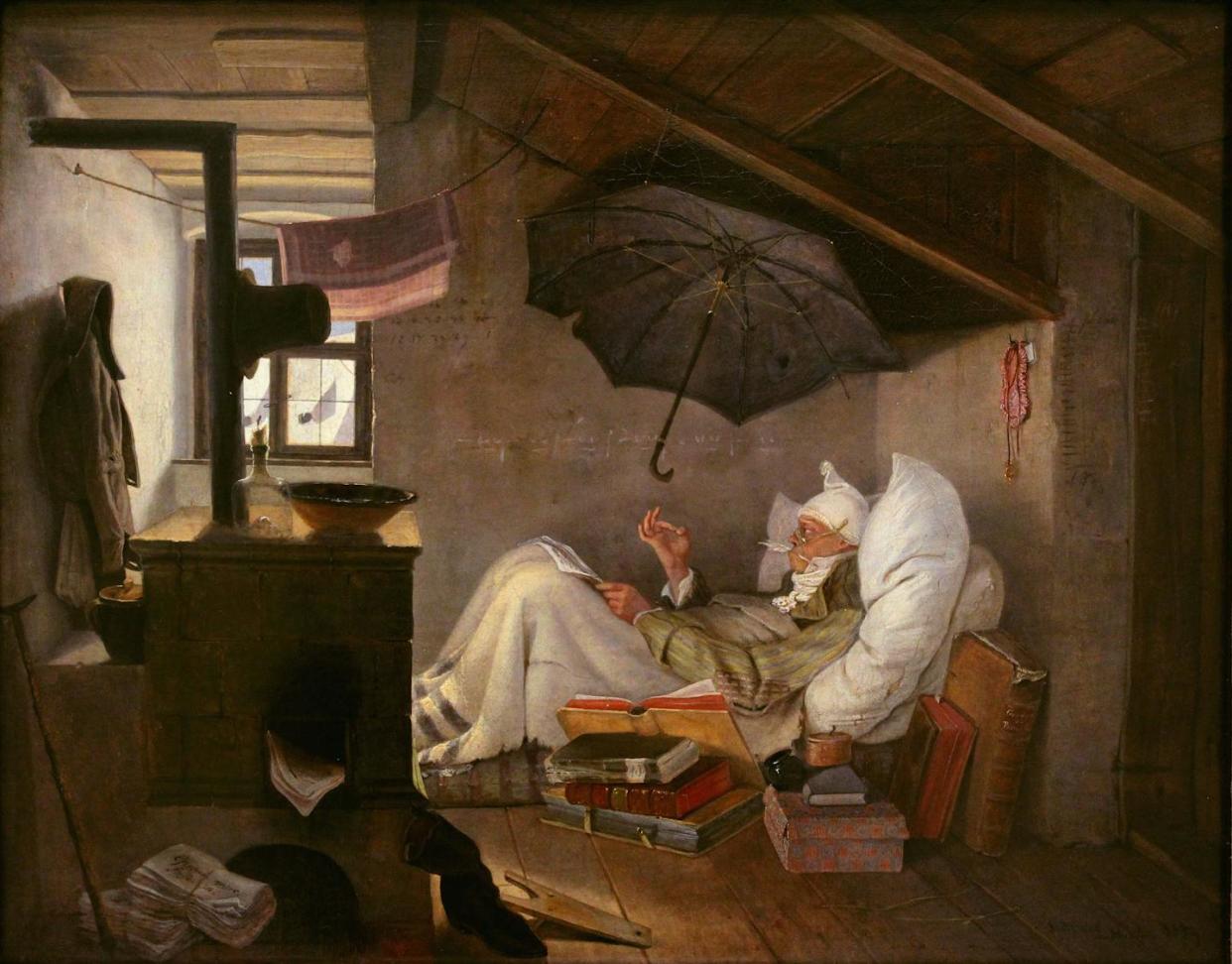 The Poor Poet – Carl Spitzweg (1839) <a href="https://commons.wikimedia.org/wiki/File:Carl_Spitzweg_-_Der_arme_Poet_(Neue_Pinakothek).jpg" rel="nofollow noopener" target="_blank" data-ylk="slk:Public domain, via Wikimedia Commons;elm:context_link;itc:0;sec:content-canvas" class="link ">Public domain, via Wikimedia Commons</a>