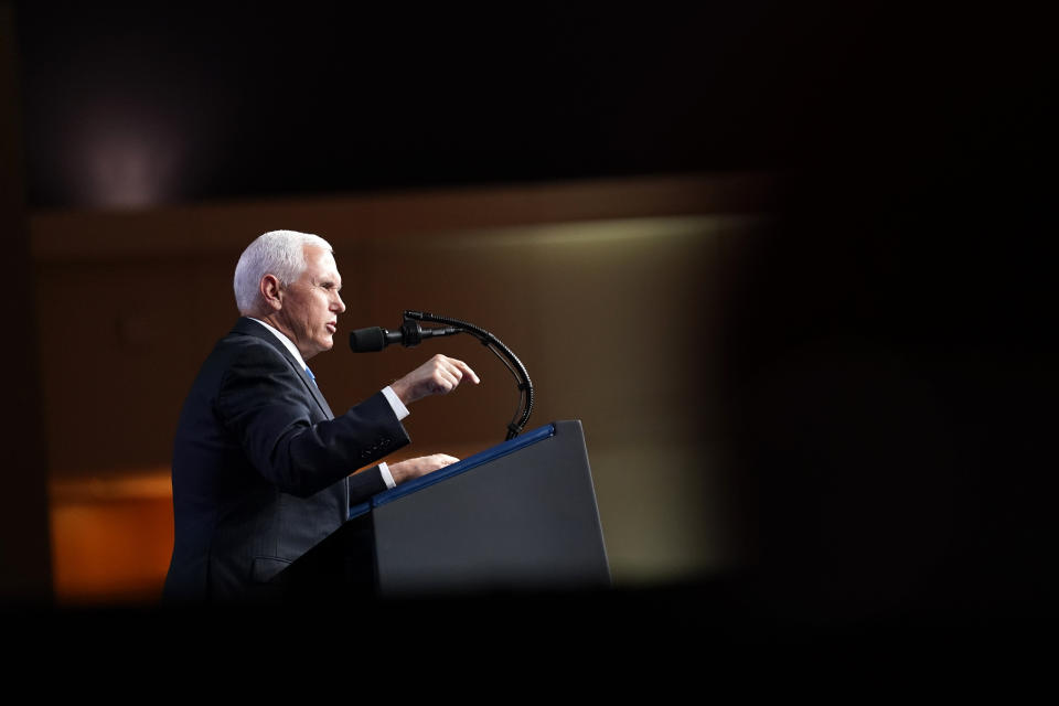 Vice President Mike Pence speaks at the 2020 Republican National Convention in Charlotte, N.C., Monday, Aug. 24, 2020. (AP Photo/Andrew Harnik)