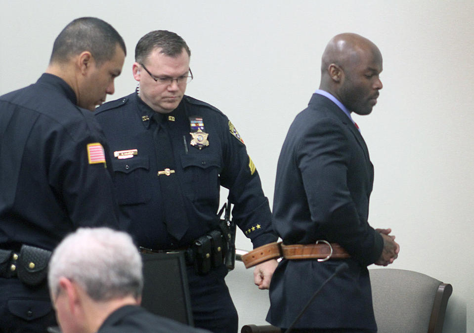 Arthur Morgan III enters a court room in Freehold, N.J. on the first day of his trial for the murder of his daughter Tierra Morgan-Glover, Wednesday, March 12, 2014. (AP Photo/Asbury Park Press, Tom Spader, Pool)