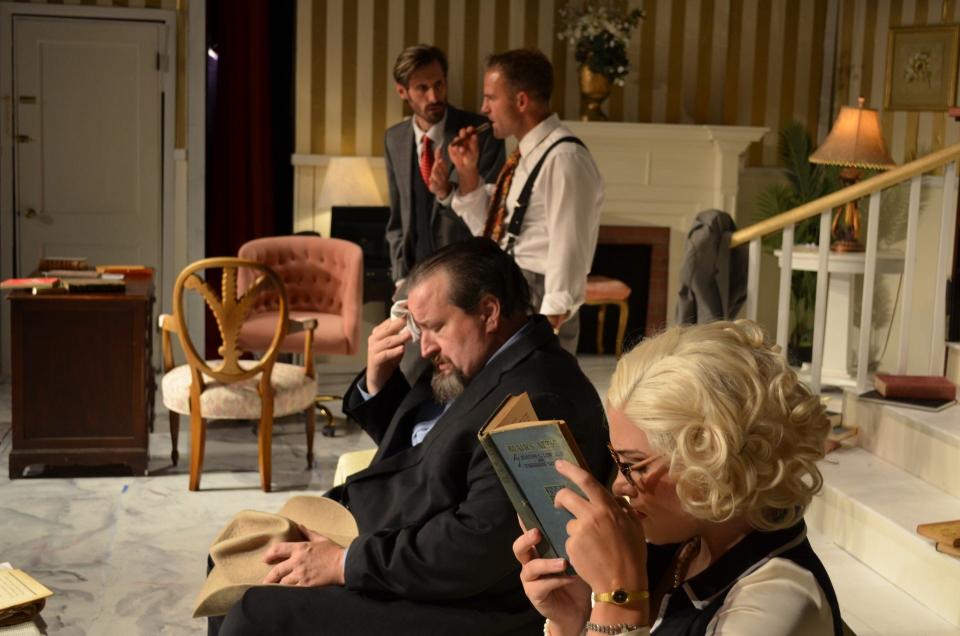 Members of Chatham Drama Guild's "Born Yesterday" cast and the characters they play, left to right, Mark Roderick (Jack Devery), Peter Eldridge ( Harry Brock), Fred Carpenter (Senator Hedges) and  
Rachel Walman (Billie Dawn).