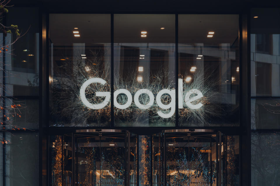 London, UK - January 01, 2022: Name sign above the entrance of Google offices in London. First Google office in the UK in opened in 2003 and has since grown to accommodate thousands of employees.