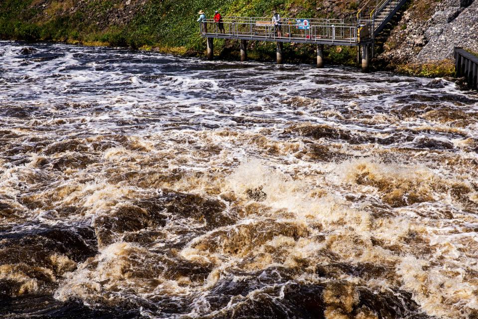Water rushes through the Ortona Locks on the Caloosahatchee River east of LaBelle on Monday, Feb. 26, 2024. The Army Corp of Engineers started releases on Feb. 17 due to high lake levels and continued El Nino conditions.