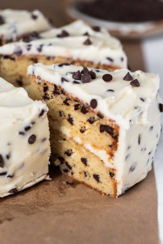 <p>Beyond the Butter</p><p>This chocolate chip cake is two layers of moist and delicious cake with mini semi-sweet chocolate chips baked right in, and a sweet vanilla chocolate chip buttercream frosting to boot!</p><p><strong>Get the recipe: <a href="https://beyondthebutter.com/chocolate-chip-cake/" rel="nofollow noopener" target="_blank" data-ylk="slk:Chocolate Chip Cake;elm:context_link;itc:0;sec:content-canvas" class="link ">Chocolate Chip Cake</a></strong></p>