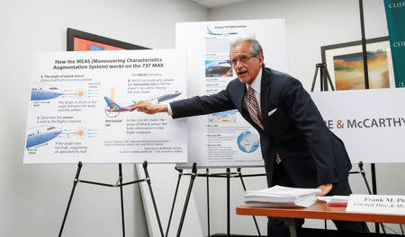 Lawyer Frank M. Pitre from Cotchett, Pitre & McCarthy speaks in relation to a lawsuit regarding the crash of Ethiopian Airlines Flight 302 on behalf of the family of victim Samya Stumo, niece of Ralph Nader, in Chicago, Illinois, U.S., April 4, 2019. REUTERS/Kamil Krzaczynski