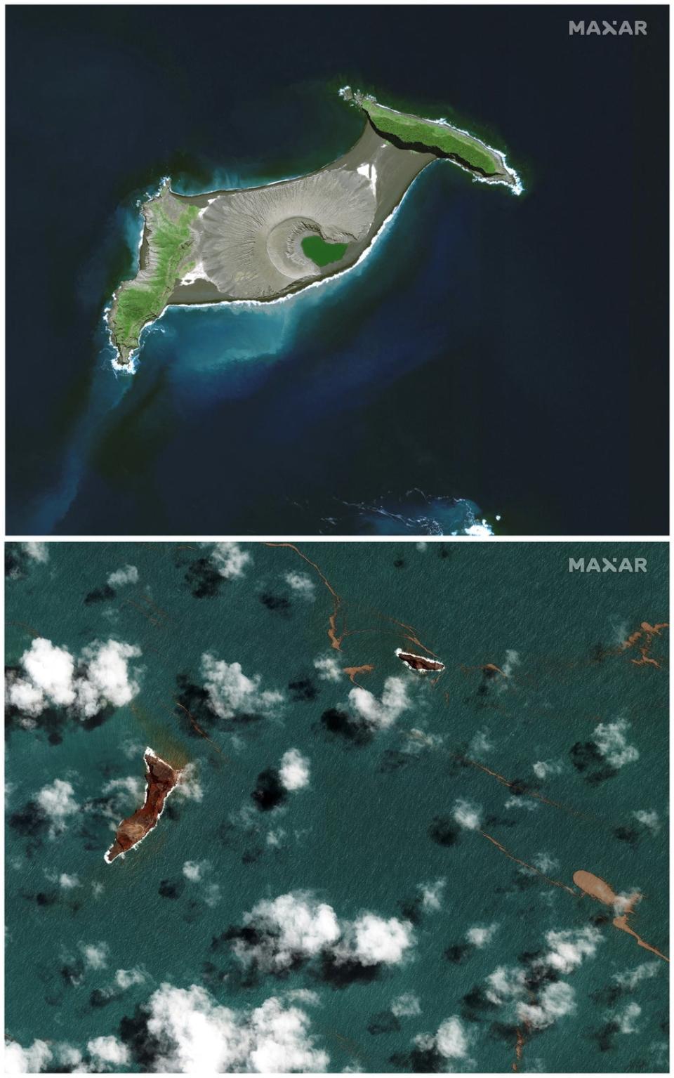 Satellite images show the Hunga Tonga-Hunga Ha'apai volcano before and after (via REUTERS)