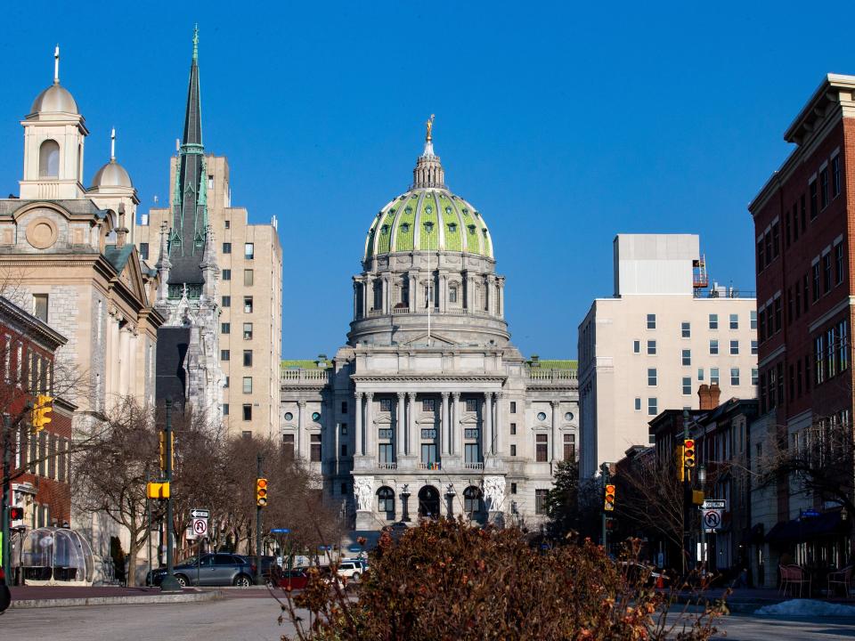 The Pennsylvania State Capitol is seen from State Street in Harrisburg