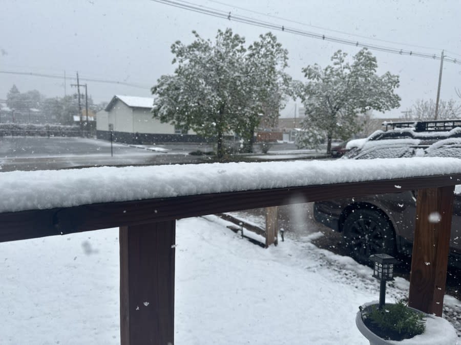 Snow piled up in Englewood, Colorado on April 26, 2024. (KDVR)