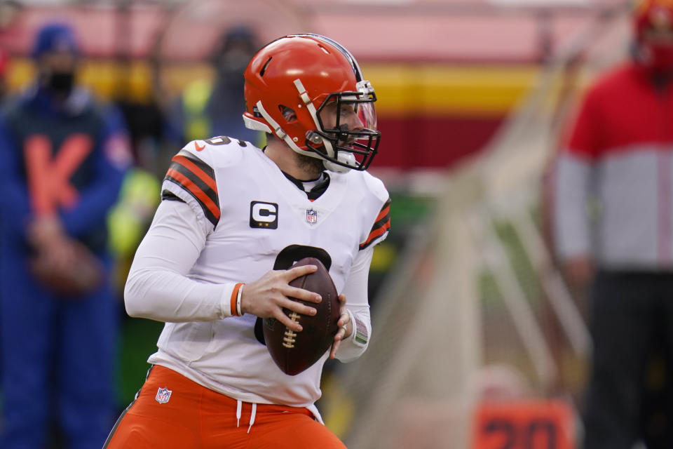 Cleveland Browns quarterback Baker Mayfield throws a pass during the first half of an NFL divisional round football game against the Kansas City Chiefs, Sunday, Jan. 17, 2021, in Kansas City. (AP Photo/Jeff Roberson)