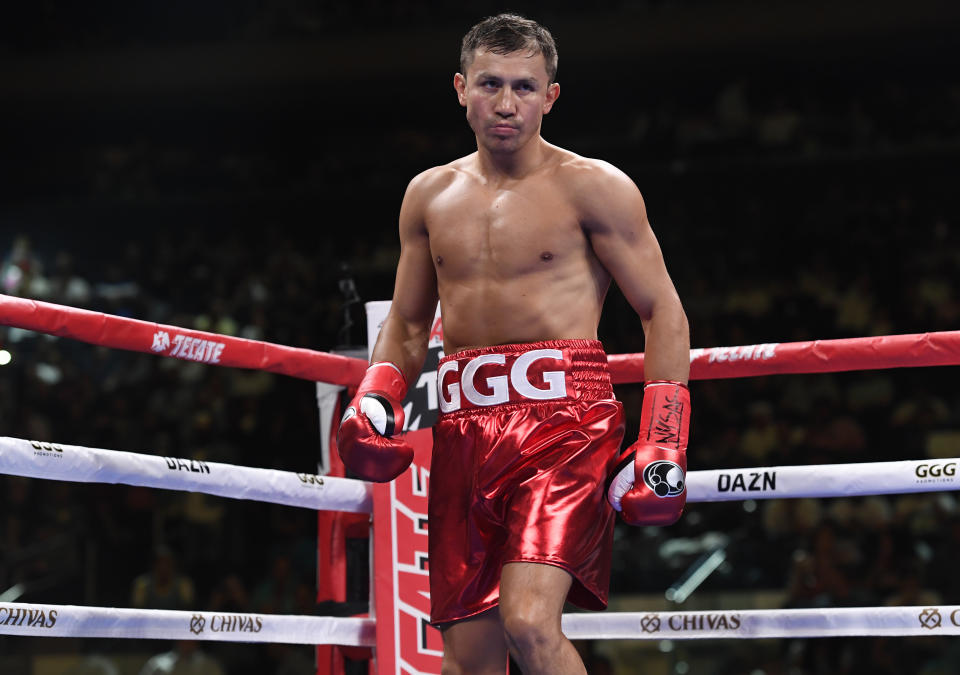 NEW YORK, NEW YORK - JUNE 08: Gennady Golovkin of Kazakhstan looks on during his Super Middleweights fight against Steve Rolls of Canada at Madison Square Garden on June 08, 2019 in New York City. (Photo by Sarah Stier/Getty Images)