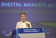 European Commissioner for Europe fit for the Digital Age Margrethe Vestager speaks during a media conference regarding the Digital Markets Act at EU headquarters in Brussels, Monday, March 25, 2024. The European Commission on Monday opened non-compliance investigations against Alphabet, Apple and Meta under the Digital Markets Act. (AP Photo/Virginia Mayo)