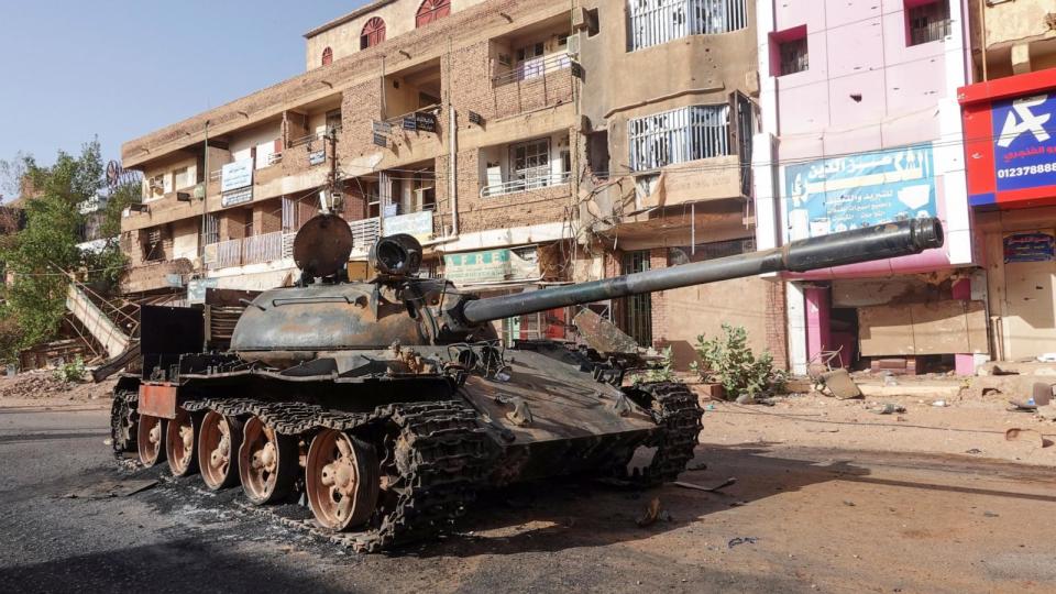 PHOTO: A damaged army tank is seen on the street, almost one year into the war between the Sudanese Armed Forces and the paramilitary Rapid Support Forces (RSF), in Omdurman, Sudan, April 7, 2024. (El Tayeb Siddig/Reuters)