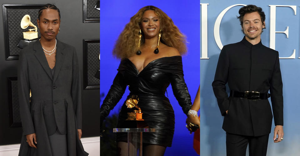 This combination of photos shows musicians, Steve Lacy, left, Beyonce, center, and Harry Styles. Lacy’s “Bad Habit” topped the Billboard Hot 100 chart and has continued to thrive. Beyoncé’s “Cuff It" track captures the spirit of fun, romance and infatuation. Style's chart-topper “As It Was” is a bittersweet and brightly packaged bop. (AP Photo)