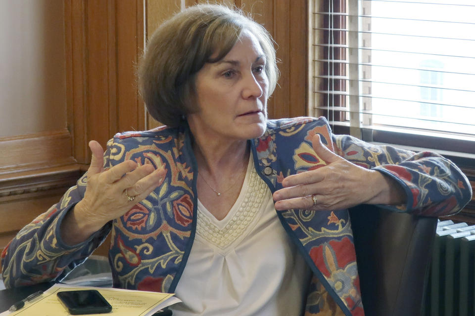 FILE - In this Feb. 13, 2019, file photo, state Sen. Barbara Bollier, D-Mission Hills, speaks during a meeting of Democratic senators at the Statehouse in Topeka, Kan. Bollier, a Kansas legislator, is running for the U.S. Senate in the Tuesday, Aug. 4, 2020 primary. (AP Photo/John Hanna File)