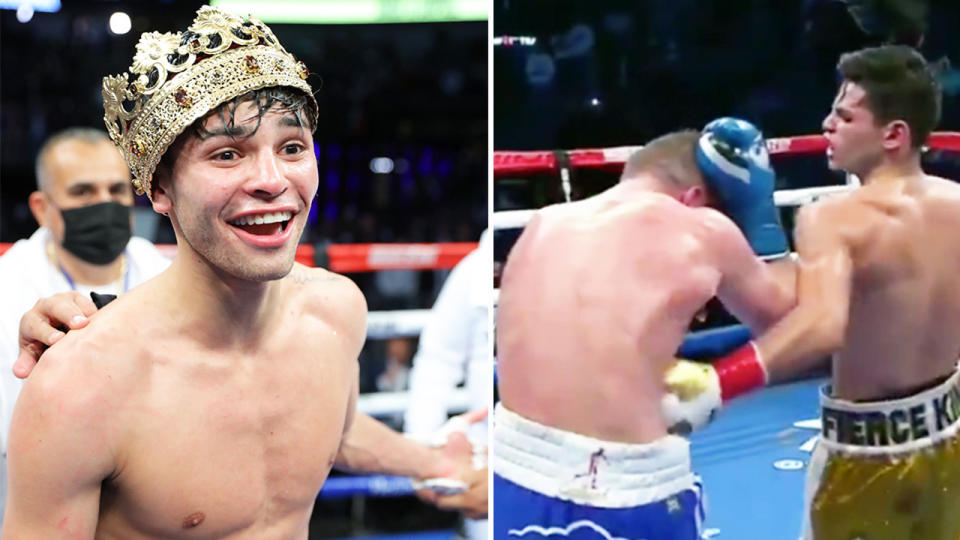 Ryan Garcia (pictured left) stopped Luke Campbell with a brutal body shot (pictured right) in the seventh round. (Images: Getty Images/DAZN)