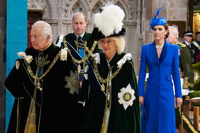 <p>Jane Barlow - Pool/Getty Images</p> King Charles, Queen Camilla, Prince William and Kate Middleton at Scotland's coronation celebration on July 5, 2023