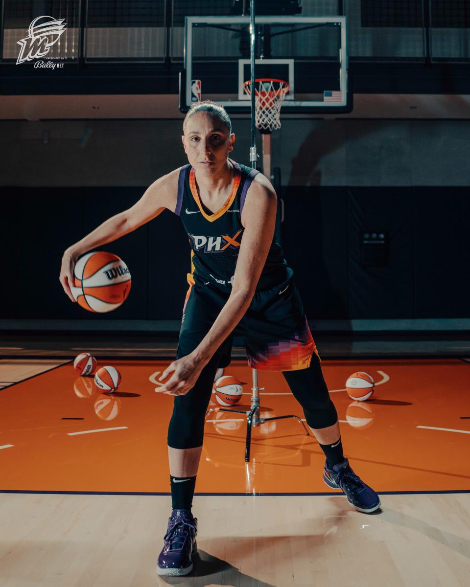 Diana Taurasi in Phoenix Mercury's 2024 season Nike Rebel Edition uniform