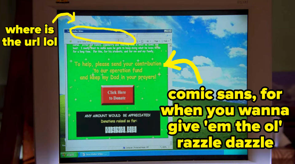 Walt's son proudly displays his computer screen to his parents. He built a donation page for Walt, which is bright green with comic sans font. The captions say "where is the U-R-L lol" and "comic sans, for when you wanna give 'em the ol' razzle dazzle"