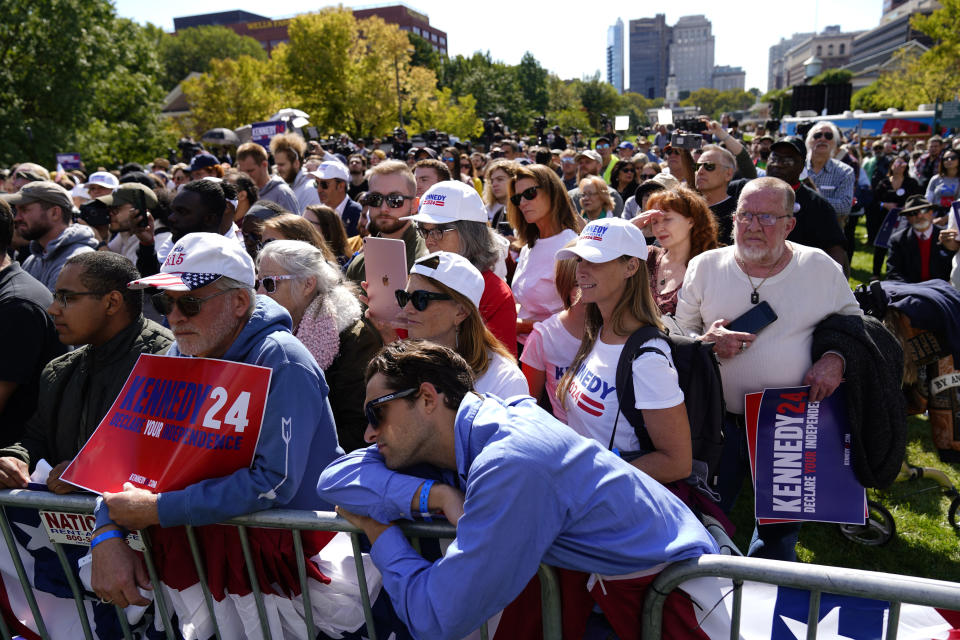 Supporters listen as Presidential candidate Robert F. Kennedy, Jr. speaks during a campaign event at Independence Mall, Monday, Oct. 9, 2023, in Philadelphia. (AP Photo/Matt Rourke)