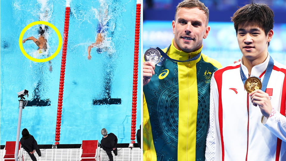 Kyle Chalmers swimming and Chalmers poses with Pan Zhanle at the Olympics.